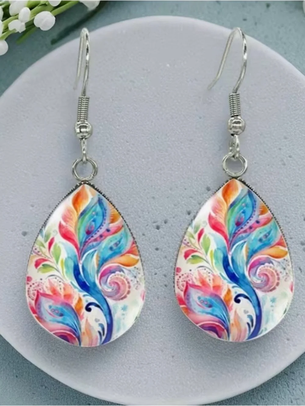 Vibrant Watercolor Abstract Floral Leaf Teardrop Cabochon Glass Earrings